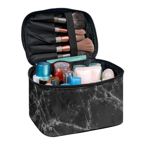 HELLHERO Grey Stone Texture Polyester Multifunctional Large Capacity Makeup Bag Brush Slots Portable Makeup Cosmetic Bag Organizer Zipper Office Cosmetic Storage