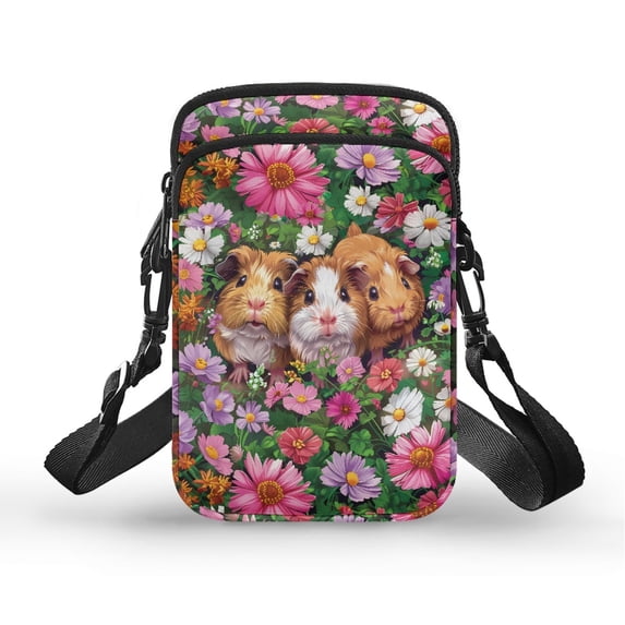 HELLHERO Guinea Pig Floral Pattern Small Crossbody Purse for Unisex 2 Zippers Women Crossbody Bag Polyester Adjustable Shoulder Strap