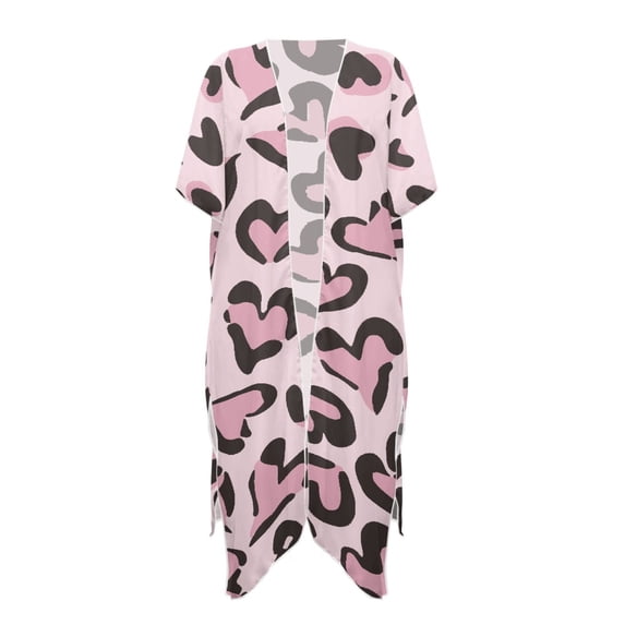 HELLHERO Half Sleeve Long Kimono Swimsuit Cover Up for Summer High Quality Fabrics Loose Women's Swimsuit Cover Up Shirt Light Pink Leopard Print