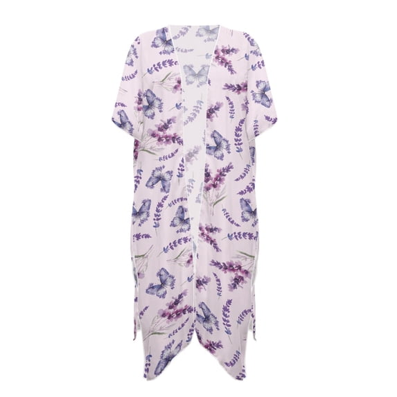 HELLHERO Half Sleeve Long Kimono Swimsuit Cover Up for Summer High Quality Fabrics Quick Dry Bathing Suit Cover Up Lavender Butterfly Print