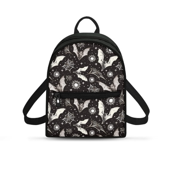 HELLHERO Halloween Bat Spider Web Pattern Mini Backpack with Front Pocket Smooth Zipper Small Work Bag for Walking, Polyester Backpack Purse for Women for Hiking