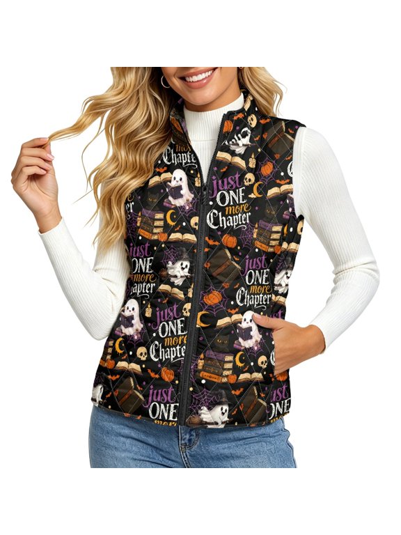 Halloween Ghost Book Pattern Lightweight Quilted jacket vest for Women, Polyester Women's quilted jacket vest Zip Women's Quilted Vest for Winter Travel