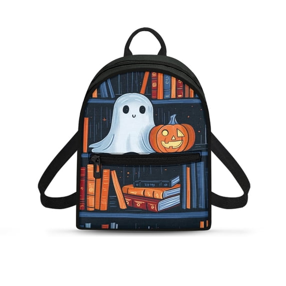 HELLHERO Halloween Ghost Pumpkin Print Small Backpack, Adjustable Strap Polyester Mini Backpack for Travel Work, Lightweight Travel Backpack