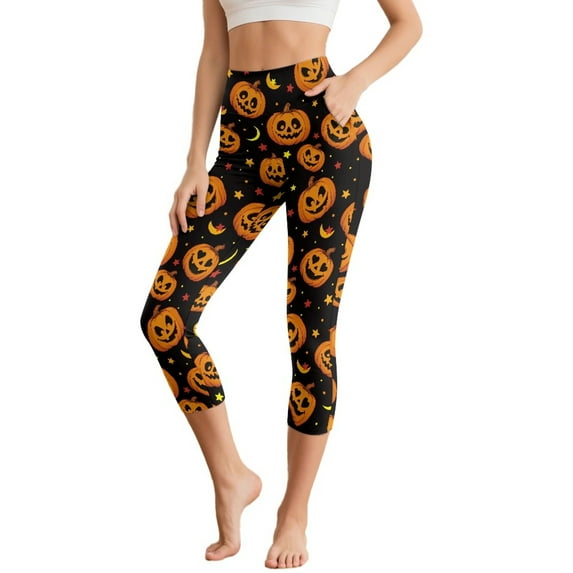 HELLHERO Halloween Leggings for Women, Pumpkin Ghost Printed Yoga Pants Tummy Control Capri Leggings Breathable Yoga Capris for Sports Gym, S