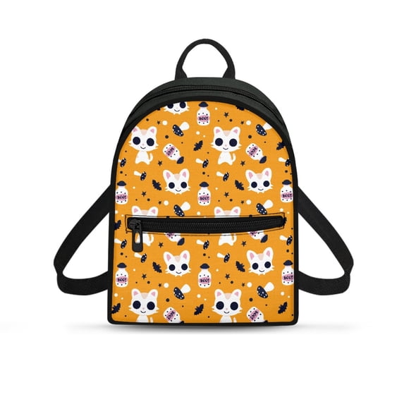 HELLHERO Halloween Mini Backpack with Cat Pattern, Zipper Closure Polyester Daypack for Daily Hangouts, Adjustable Strap Travel Backpack for Women