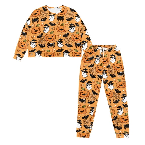 HELLHERO Halloween Pajama Set for Women Bat Ghost Pumpkin Printed Pjs Set Long Sleeve Sleepwear with Pockets Spider Web Printed Loungewear for Home, S