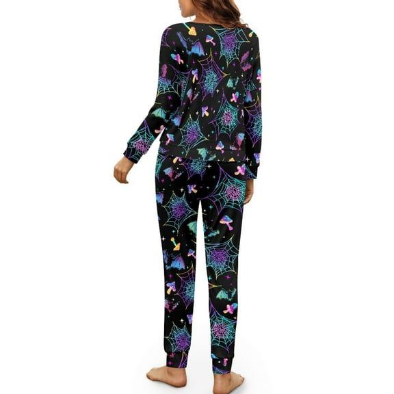 HELLHERO Halloween Pajama Set for Women Cat Bat Printed Sleepwear Comfy 2 Piece Pjs Set Spider Web Printed Loungewear with Pockets, L