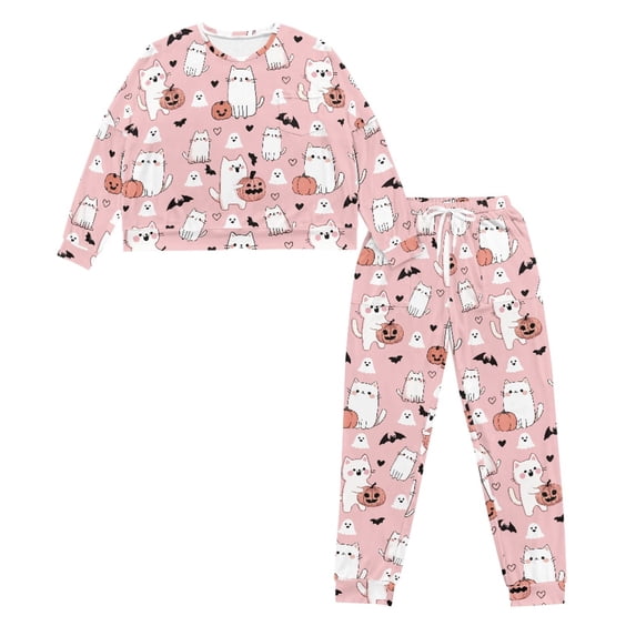 HELLHERO Halloween Pajama Set for Women Cat Bat Pumpkin Printed Sleepwear Soft 2 Piece Pjs Set Long Sleeve Tops Jogger Pants Pajama Sets, S