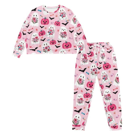 HELLHERO Halloween Pajama Set for Women Ghost Bat Printed Sleepwear Comfy 2 Piece Pjs Set Pumpkin Printed Loungewear with Pockets, XL