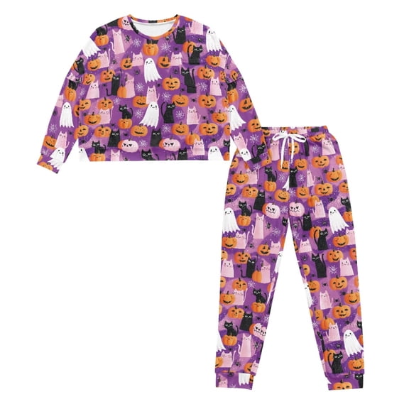 HELLHERO Halloween Pajama Set for Women Ghost Cat Printed Sleepwear Crewneck Loungewear Pumpkin Printed Pjs Set for Home, 2XL