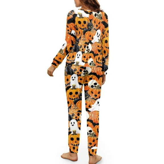 HELLHERO Halloween Pajama Set for Women Ghost Lip Printed Sleepwear Crewneck Loungewear Long Sleeve Tops Jogger Pants Pajama Sets, 2XL