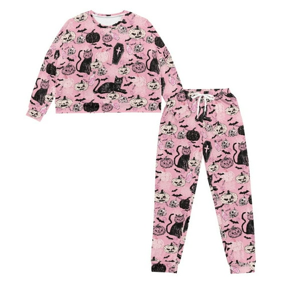 HELLHERO Halloween Pjs Set for Women Cat Ghost Printed Pajama Crewneck Sleepwear Soft Loungewear Pumpkin Printed Nightwear with Drawstring Jogger Lounge Set, L