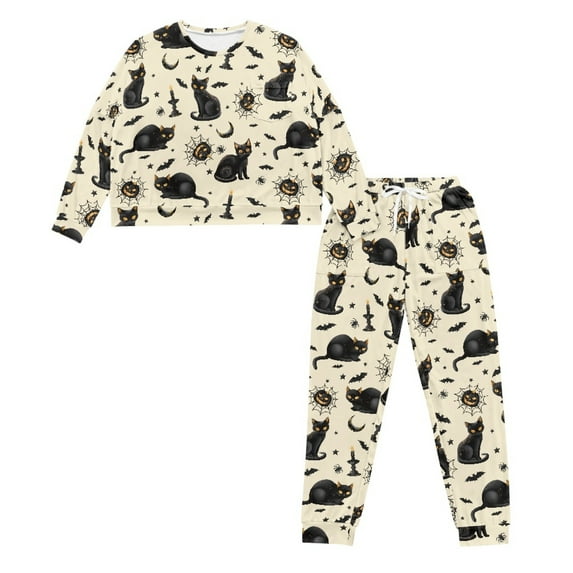 HELLHERO Halloween Pjs Set for Women Cat Bat Printed Pajama Long Sleeve Tops Jogger Pants Pajama Sets Spider Web Printed Sleepwear with Pockets, M
