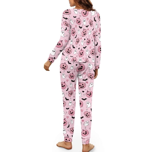 HELLHERO Halloween Pjs Set for Women Cat Bat Pumpkin Printed Sleepwear Drawstring Pajamas Crewneck Loungewear Soft Pjs Lounge Sets, S