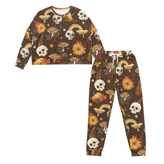 HELLHERO Halloween Pjs Set for Women Skull Mushroom Printed Sleepwear Crewneck Pajama Pumpkin Printed Pjs Long Sleeve Loungewear with Pockets, XL