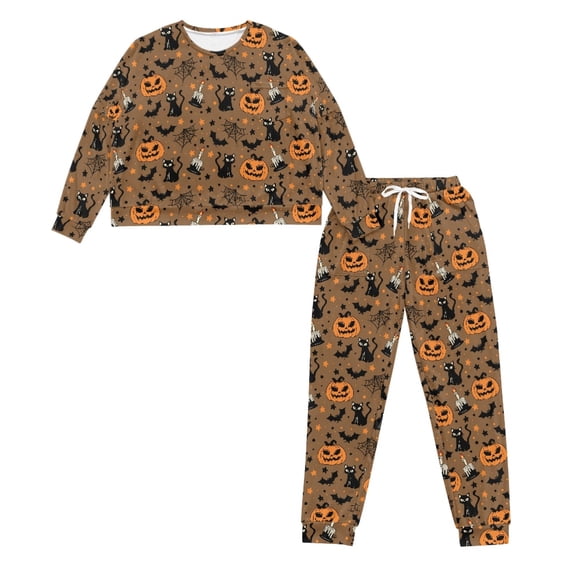 HELLHERO Halloween Sleepwear Set for Women Witch Cat Printed Drawstring Pajama Crewneck Loungewear Moon Star Printed Pjs Set for Home, M