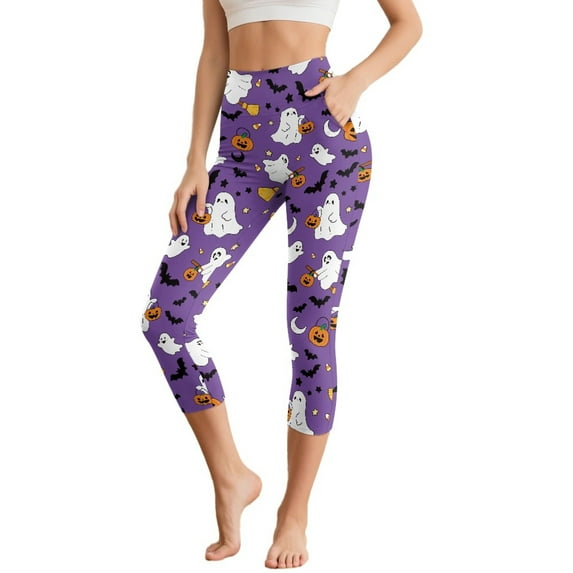 HELLHERO Halloween Yoga Leggings for Women, High Waisted Yoga Pants Ghost Bat Pumpkin Printed Workout Capris Leggings with Pockets, XL