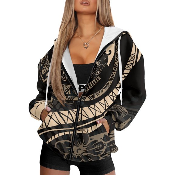 HELLHERO Hawaiian Pat with Pockets Cropped Hoodie for Winter Daily, Polyester Fabric Practical Front Pockets Oversized Hoodie