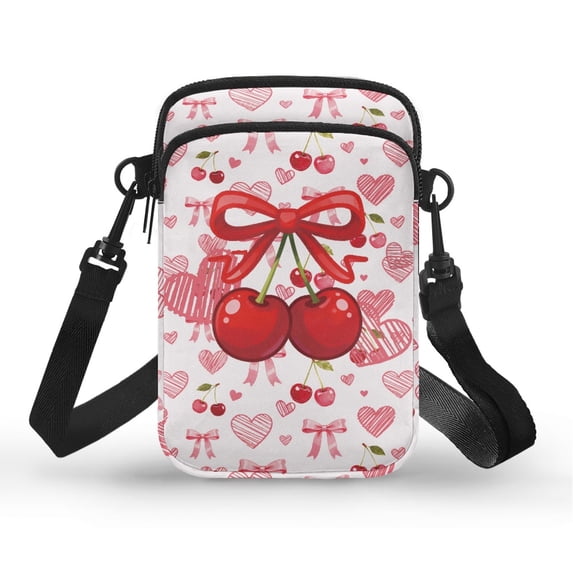 HELLHERO Heart-Shaped Cherry Pattern Adjustable Crossbody Bag with Double Zipper Shoulder Bag Trendy Polyester