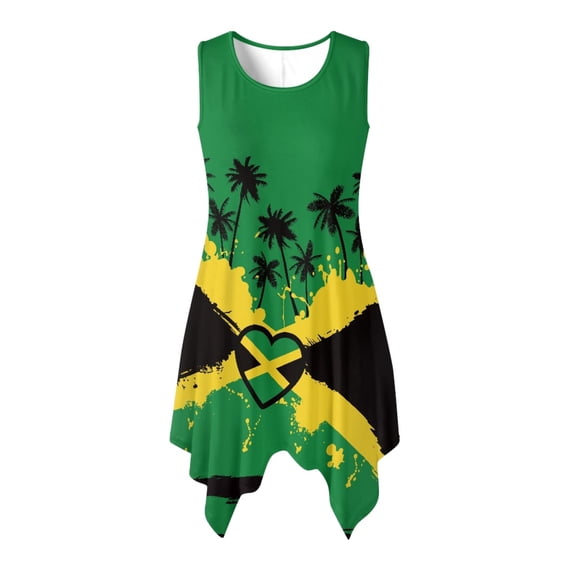 HELLHERO Heart-Shaped Jamaican Design Women Round Neck Sleeveless Tank Dress, Side Pockets Summer Sleeveless Dress with With Side Pockets Pleated for Party