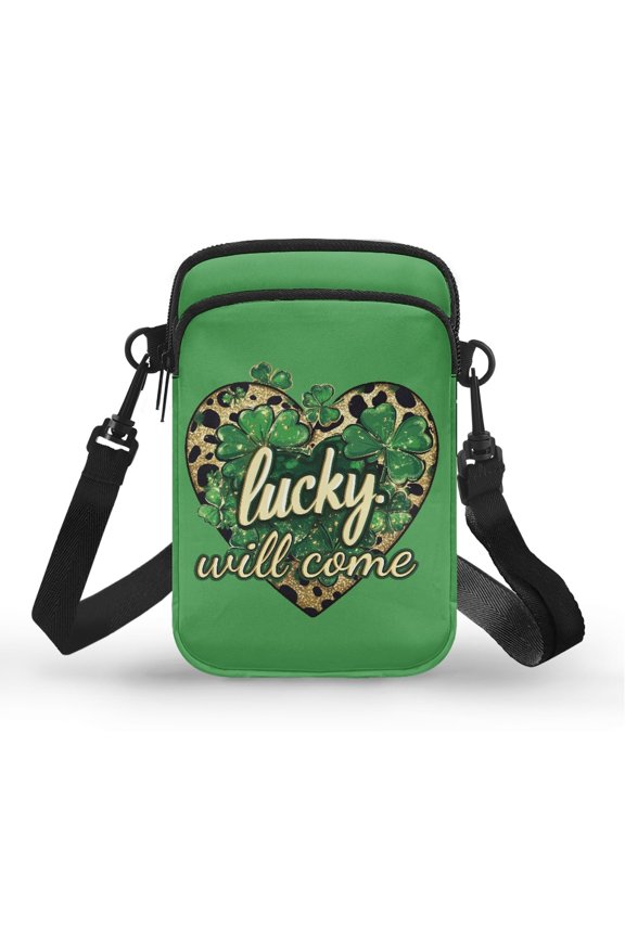 Heart-Shaped Lucky Clover Pattern with Adjustable Strap Cross Body Purse Double Deck for Outdoor Holiday Travel