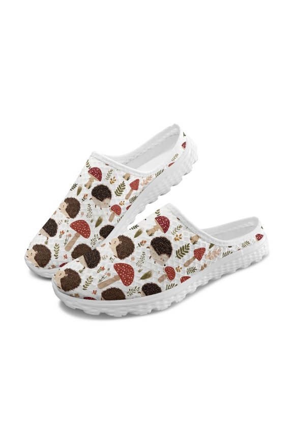 Hedgehog Mushroom Pattern Non Slip Mesh Slippers, Comfort Breathable Breathable Mesh Slip On Mules for Holiday Party Indoor Garden
