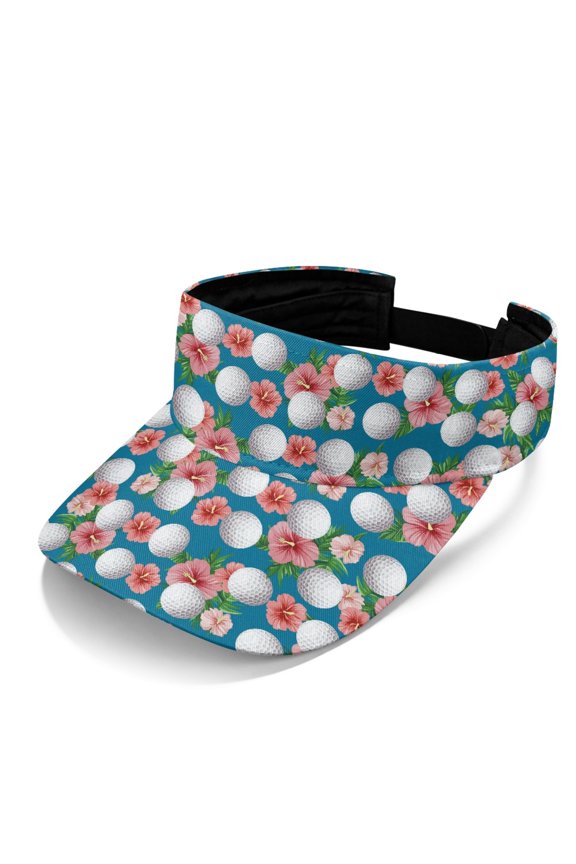 Hibiscus Floral & Golf Ball Pattern Sun Visor Hat, Breathable Sun Visor Cap Polyester Fabric Adjustable UV Protected Sports Visor Hat for Tennis