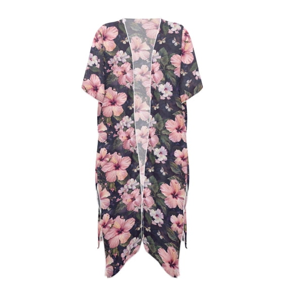 HELLHERO Hibiscus Flower Pattern Swimwear Coverup Loose Polyester Ultimate Elegant Bathing Suit Cover Up