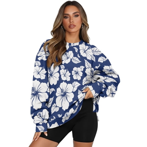 HELLHERO Hibiscus Print Pullover Sweatshirt for Women Oversized Long Sleeve Pullover Tops Crewneck Sweater Casual Warm Tops Size L