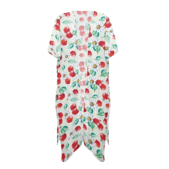 HELLHERO High Quality Fabrics Bathing Suit Cover Up for Beach Short Sleeve Long Cardigan Cherry Daisy