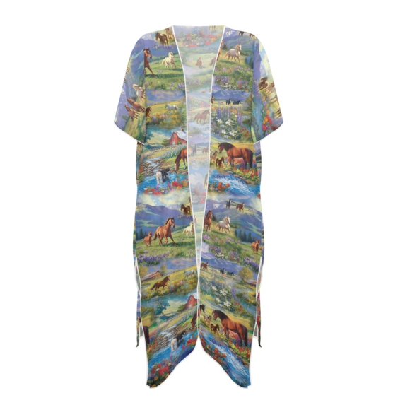 HELLHERO High Quality Fabrics Bathing Suit Cover Up for Summer Kimono Free Size Long Kimono Swimsuit Cover Up Scenic Horses
