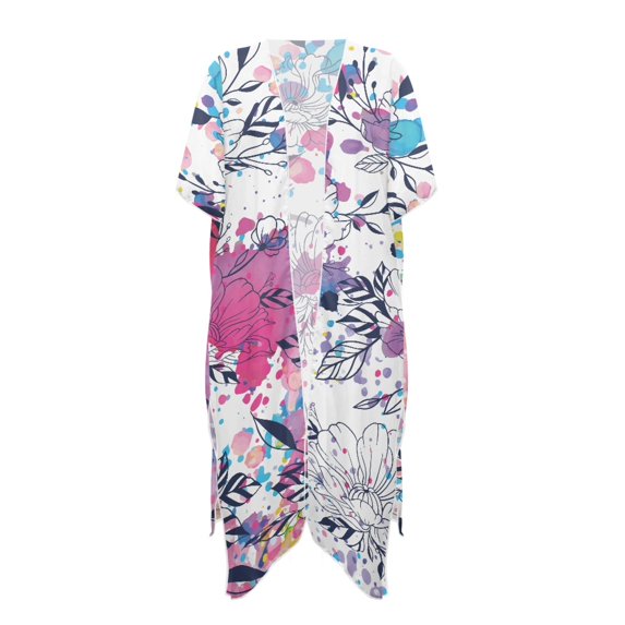HELLHERO High Quality Fabrics Beach Cover Up for Vacation Casual Free Size Long Kimono Swimsuit Cover Up Floral Splash