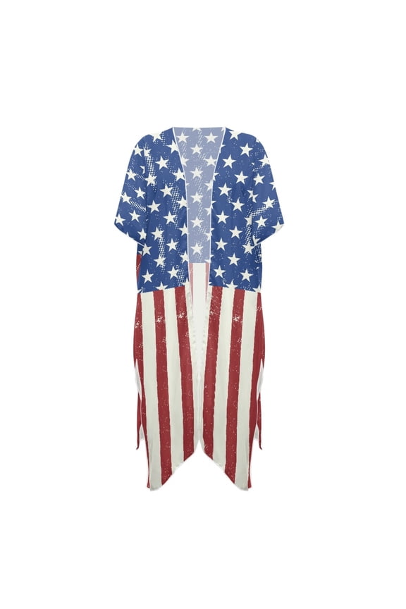 High Quality Fabrics Long Kimono Swimsuit Cover Up for Pool Party Flowy Free Size Bathing Suit Cover Up American Flag Pattern