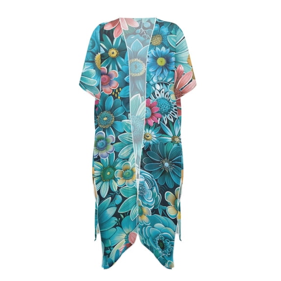 HELLHERO High Quality Fabrics Long Kimono Swimsuit Cover Up for Summer Breathable Lightweight Blue-green Flower