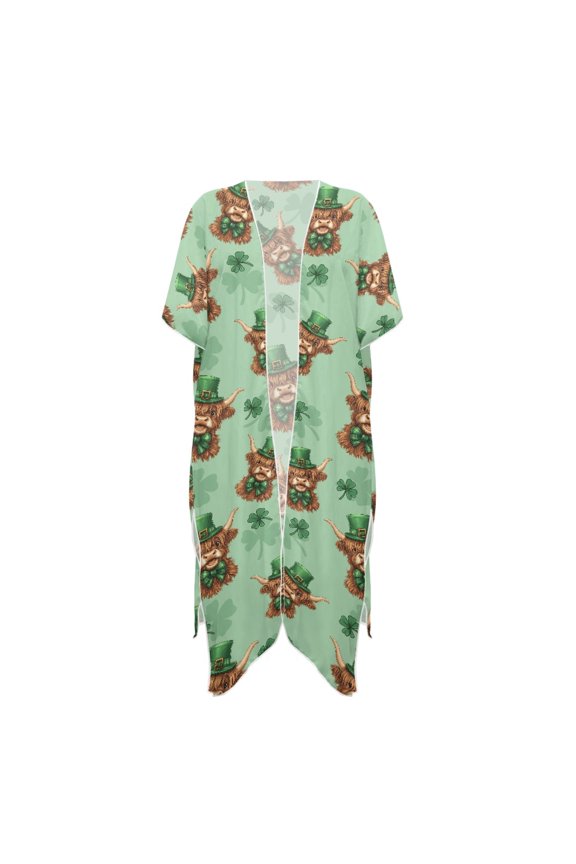 High Quality Fabrics Long Kimono Swimsuit Cover Up for Vacation Quick Dry Short Sleeves Lucky Hat Calf Pattern