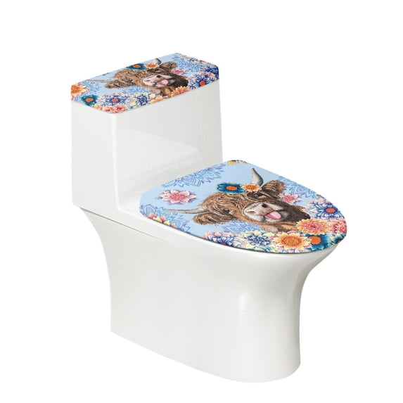 HELLHERO Highland Cattle Datura Flowers Toilet Dust Cover Set, Dust-Proof Dustproof Polyester Fabric Toilet Lid Cover Set