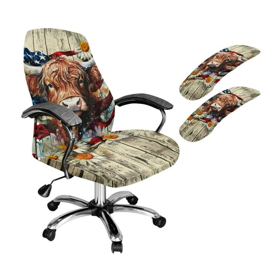 HELLHERO Highland Cattle Print Office Computer Chair Covers with Armrest Cover, Removable Washable Desk Chair Cushion Protectors Daisy Old Wooden Print, Anti Slip Gaming Chairs Slipcover