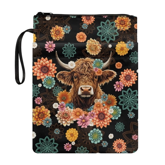 HELLHERO Highland Cow Floral Wreath Book Sleeve Book Sleeve Protector Pouch for Pocket Storage & Portability Polyester with Washable and Waterproof
