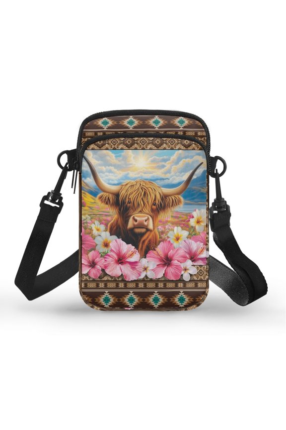 Highland Cow Florals Crossbody Bag Adjustable Shoulder Strap Polyester Unisex 4.33"x1.97"x7.09" for Travel, Outdoor and Daily Use