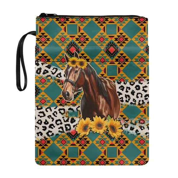 HELLHERO Horse and Sunflower Zipper Bag Book Cover Sleeve Pouch for Waterproof Book Cover Carrying Case Polyester Fabric with Decorative Design and Zipper