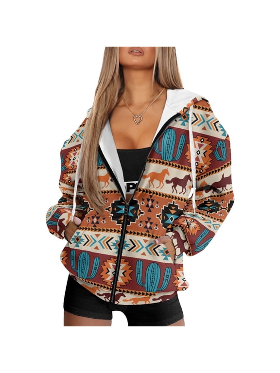 Horse Totem Drawstring Long Sleeve Sweatshirts, Polyester Fabric Hooded Jacket Practical Front Pockets Drawstring Hood Hoodies for Exercise Fall