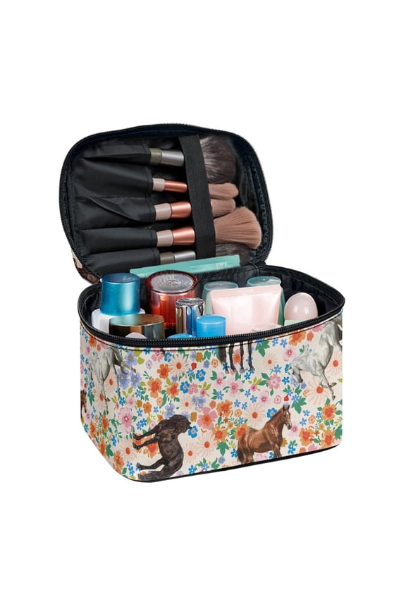 Horse and Flower Pattern Portable Cosmetic Bag with Brush Slots Travel Storage Portable and Durable for Women Men