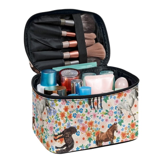 HELLHERO Horse and Flower Pattern Portable Cosmetic Bag with Brush Slots Travel Storage Portable and Durable for Women Men