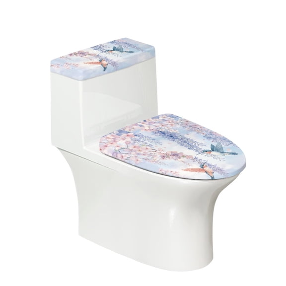 HELLHERO Hummingbird Cherry Blossom Fits All Toilet Shapes Easy Care 2 Pcs Set with Elastic Edge Toilet Seat Covers Set Toilet Lid Seat Cover Dustproof