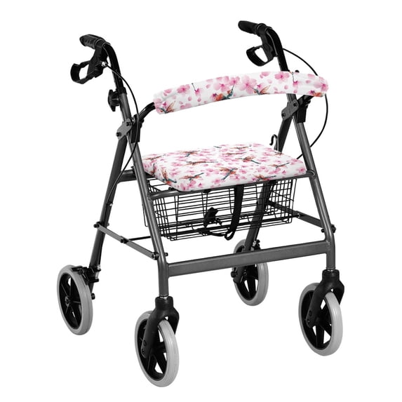 HELLHERO Hummingbird Cherry Blossom Pattern Easy to Clean Rollator Walker Seat and Backrest Covers Streets for Ladies, Stretchable Anti-Slip Breathable Fabric Rollator Walker Seat Covers