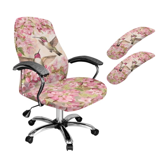 HELLHERO Hummingbird Cherry Blossom Print Office Chair Cover Set, Office Computer Chair Cover with Armrest Covers Breathable, Stretch Universal Rotating Chairs Slipcover, Pink