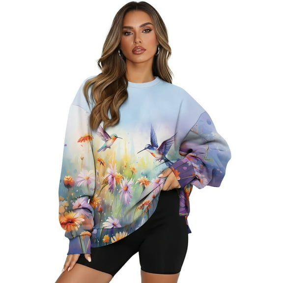 HELLHERO Hummingbird Daisy Print Women Sweatshirt Fall Long Sleeve Pullover Tops Fashion Overized Crewneck Sweater Size XXL