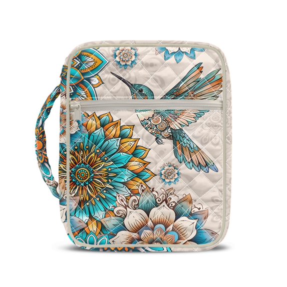 HELLHERO Hummingbird Floral Pattern Lightweight Bible Cover Case for School Daily Life, Polyester Fabric Quilted Bible Cover with Zipper