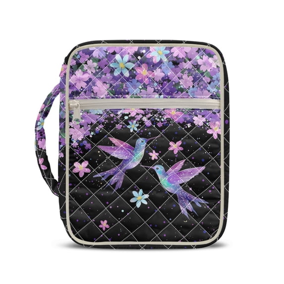 HELLHERO Hummingbird Floral Pattern Quilted Bible Cover for Iglesia, Polyester Fabric Bible Cover Case with Portable Handle Quilted Bible Case