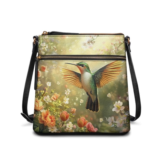 HELLHERO Hummingbird Floral Print Adjustable Strap Women's Shoulder Bag, Waterproof PU Leather Ladies Crossbody Bag for Daily Shopping